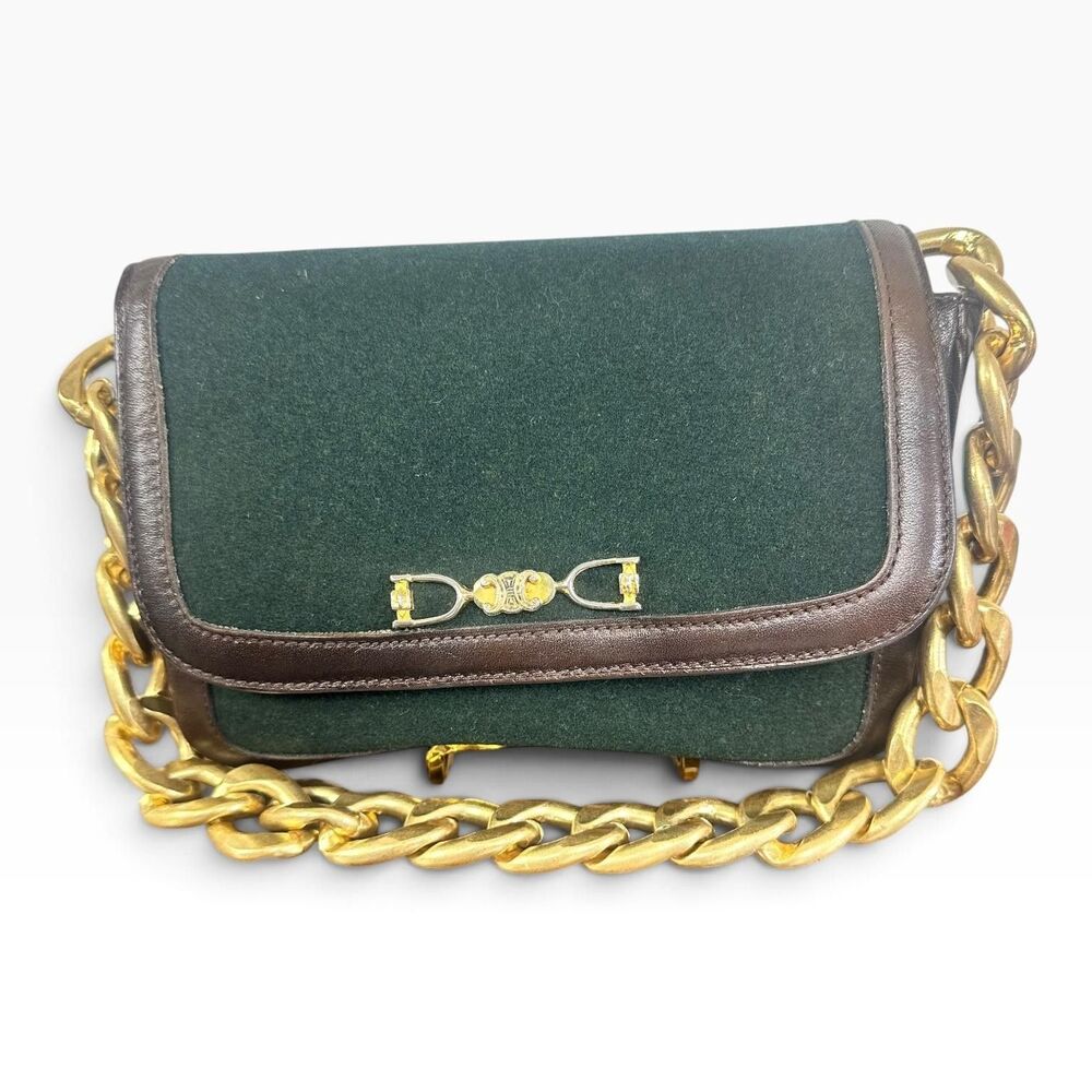 Celine Vintage Wool Shoulder Bag Womens Small Green Leather Chain Horsebit Italy